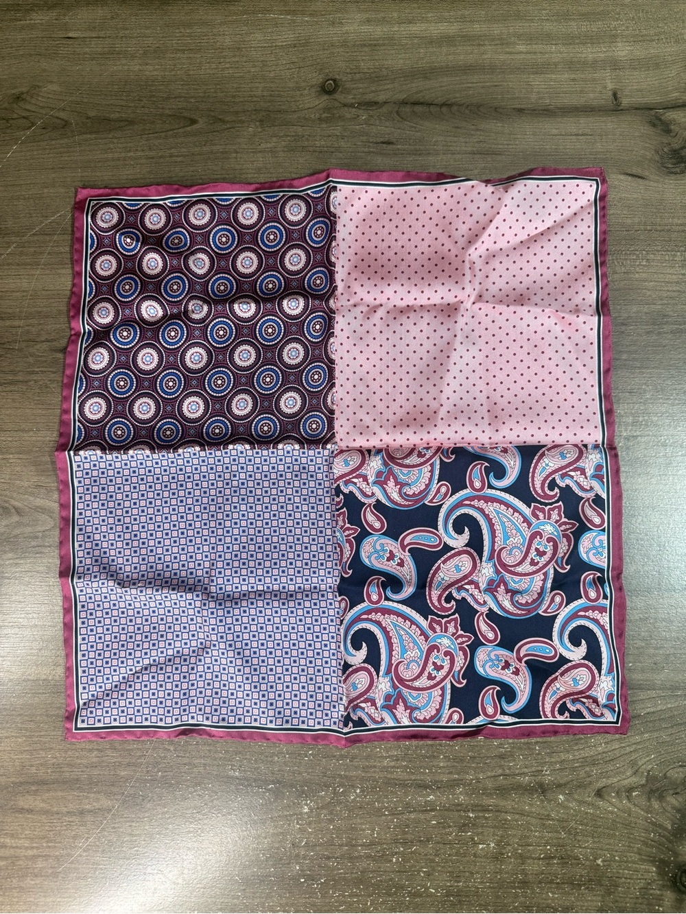 100% Silk Square Scarf Patchwork Paisley Polka Dot Burgundy Pink Navy